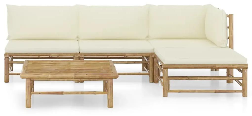 Set mobilier de gradina, cu perne alb crem, 5 piese, bambus