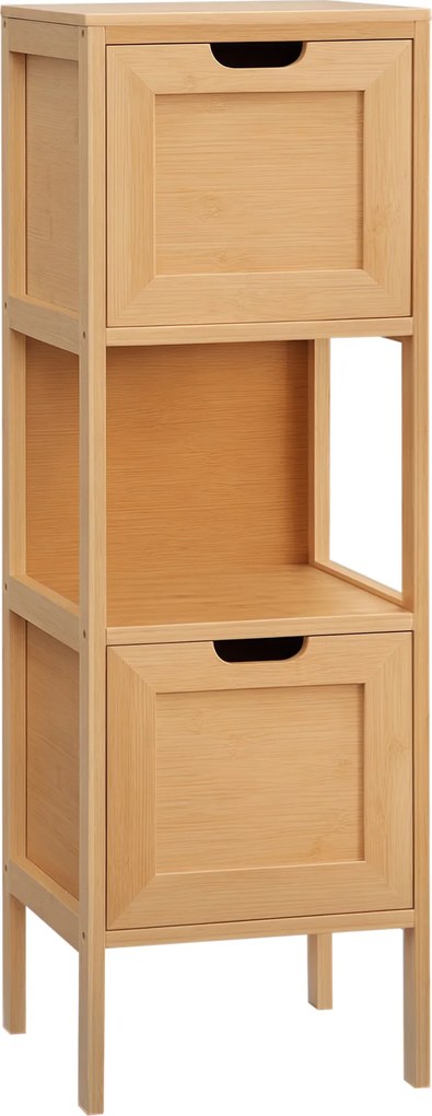 kleankin Comodă de depozitare coloană pentru baie din bambus 2 sertare și 1 raft - dim. 30L x 30l x 90H cm | Aosom Romania