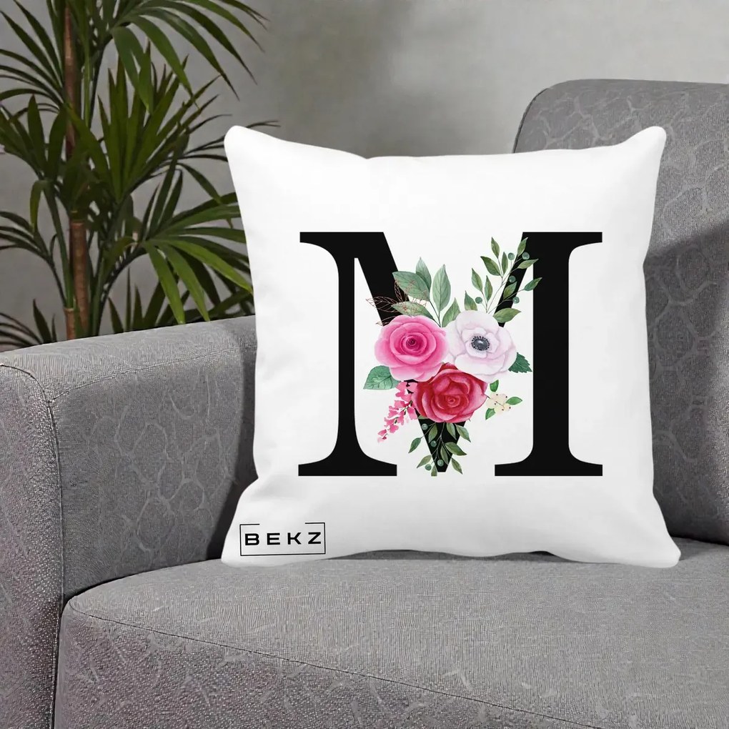 Perna personalizata cu initiala M, trandafiri, 40x40 cm cu Umplutura, Alb Mat, BEKZ