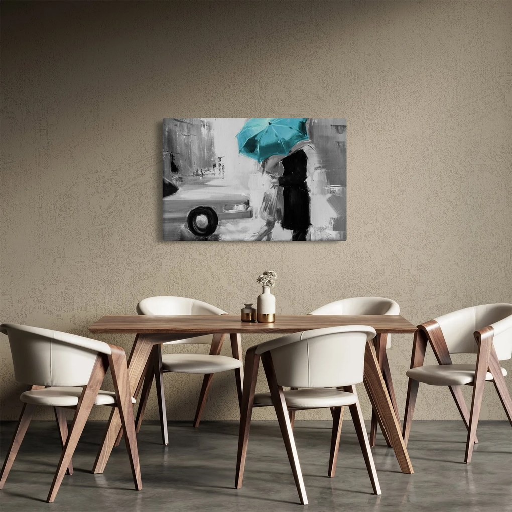 Tablou - Cuplu în dragoste cu umbrelă, albastru (90x60 cm)