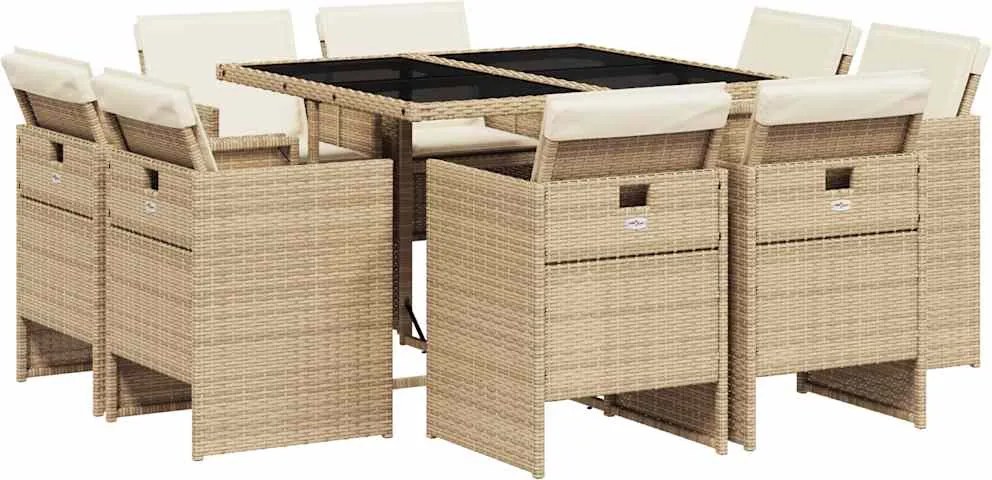 vidaXL Set de masă pentru grădină, 9 piese, cu perne, bej, poliratan