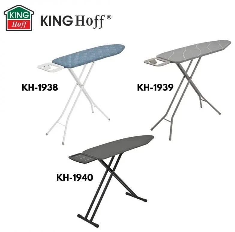 Masă de călcat Kinghoff KH 1938, 107.5x30.5 cm, 4 poziții de reglare, Suport pentru fier de călcat, albastru