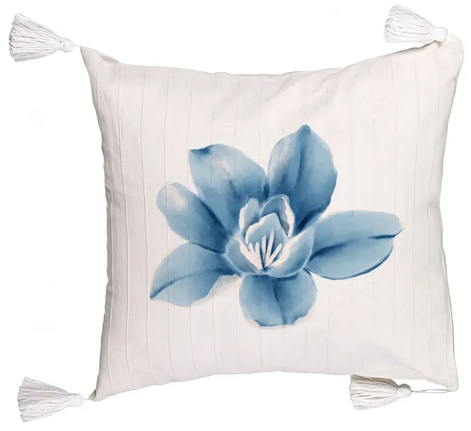 Perna Decorativa cu Franjuri, Model Florale Blue Flower, 45x45 cm, Ecru, Cu fermoar