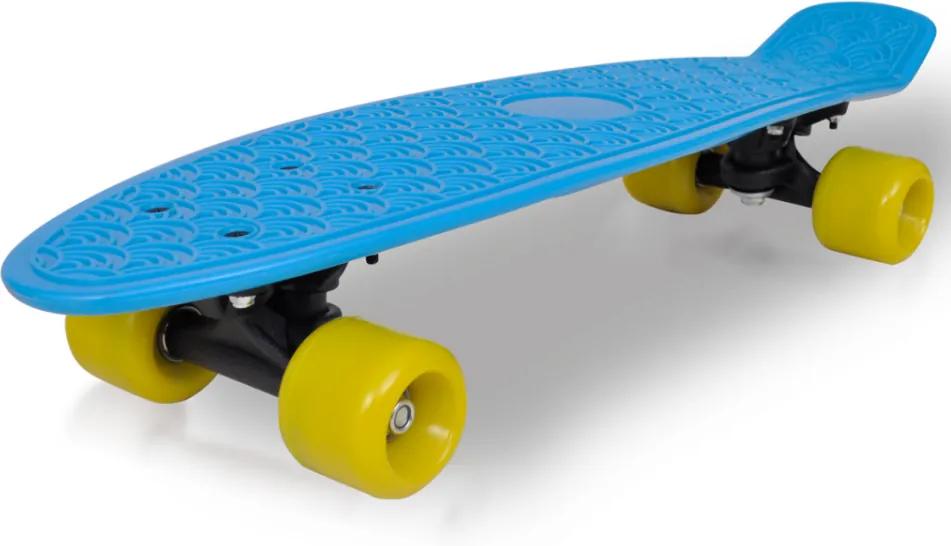 Skateboard retro cu placa albastra si roti galbene