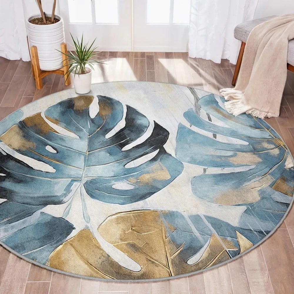 Covor albastru lavabil rotund ø 100 cm Golden Leaves – Mila Home