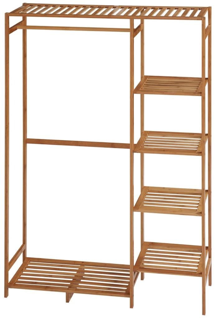 HOMCOM Portant pentru haine din bambus cu raft de depozitare pe 6 niveluri și bară de suspendare, 90x30x145cm, lemn natural | Aosom Romania