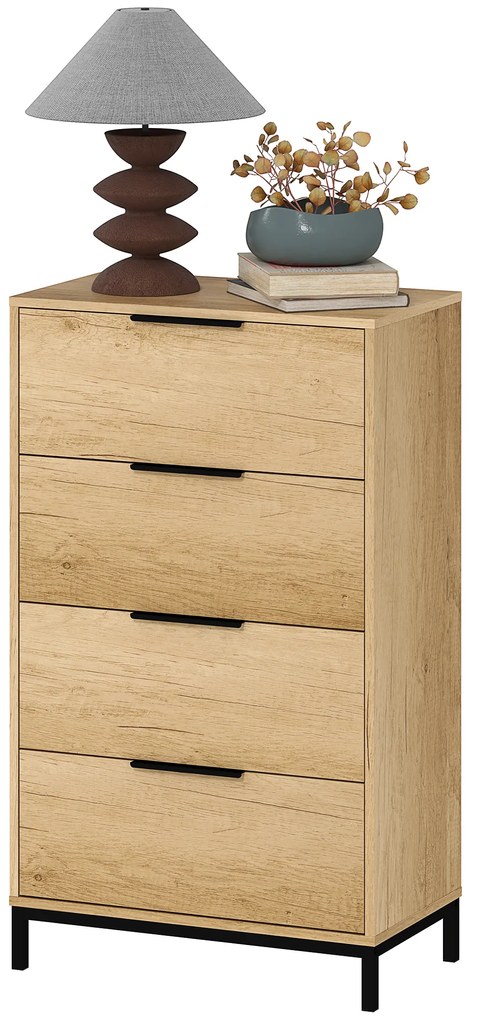 HOMCOM Comodă înaltă pentru dormitor cu 4 sertare, mânere metalice, comodă îngustă pentru living/hol 62x35x105 cm Natural | Aosom Romania