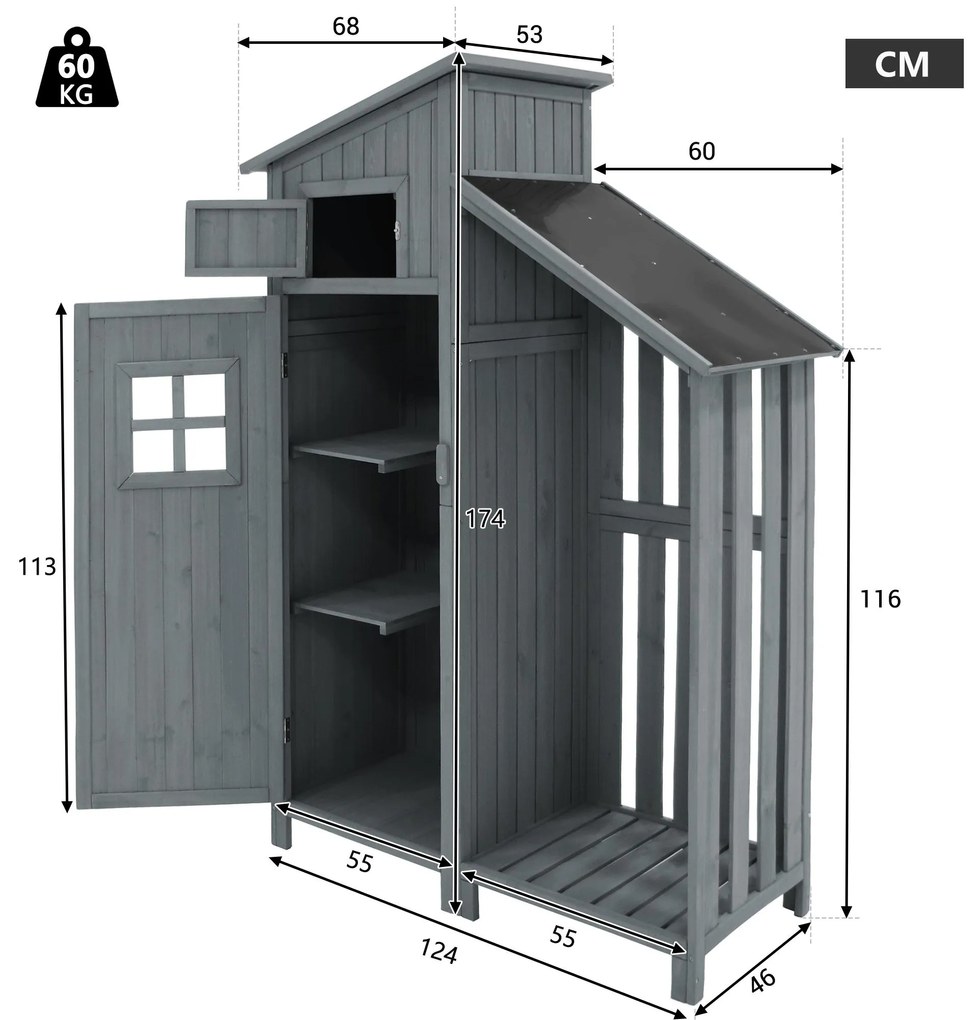 Dulap de grădină cu 2 rafturi, magazie de unelte cu spațiu de depozitare mare, 124L x 46P x 174Î cm, Gri