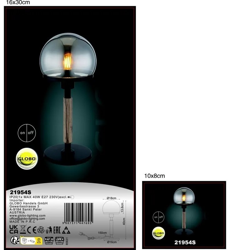Veioza/Lampa de masa design modern HAKU negru/lemn/fumuriu