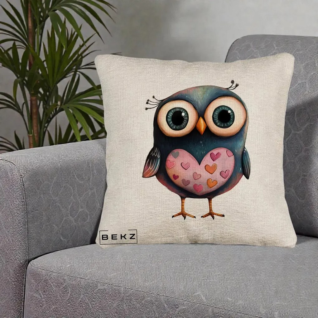 Perna Decorativa Bufnita cu Inimioare Roz, 40x40 cm, Bej Canapea, Husa Detasabila, Perna Inclusa, BEKZ®