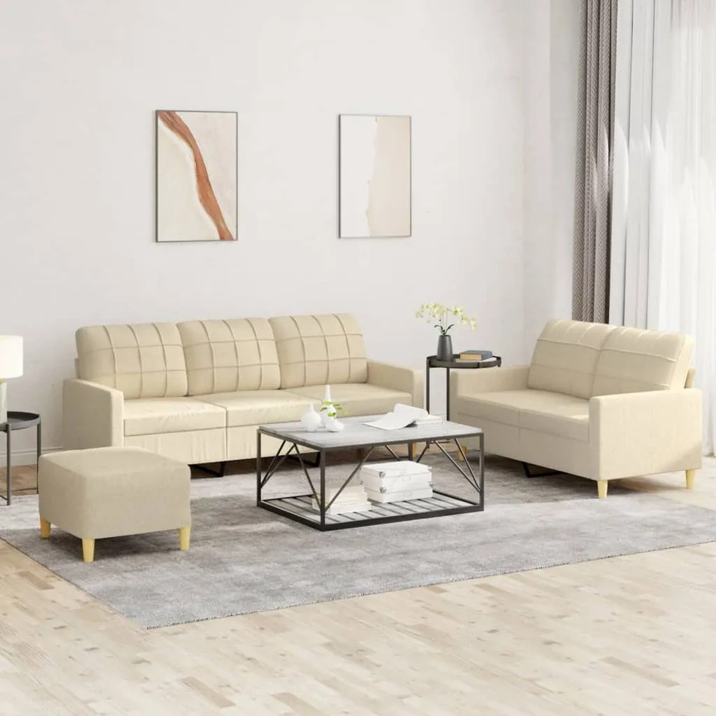 vidaXL Set de canapele cu perne, 3 piese, crem, textil
