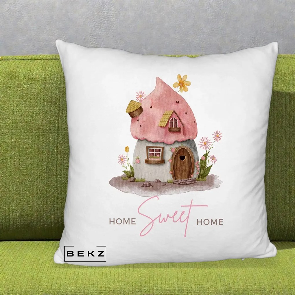 Perna Decorativa Home Sweet Home Casuta, 40x40 cm, Alb Pufos, Husa Detasabila, Perna Inclusa, BEKZ®