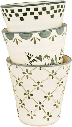 Cană din ceramică artizanală, natur, cu motive florale pictate manual verde și bordură decorativă, fără mâner, 10×10 cm, „Marion"