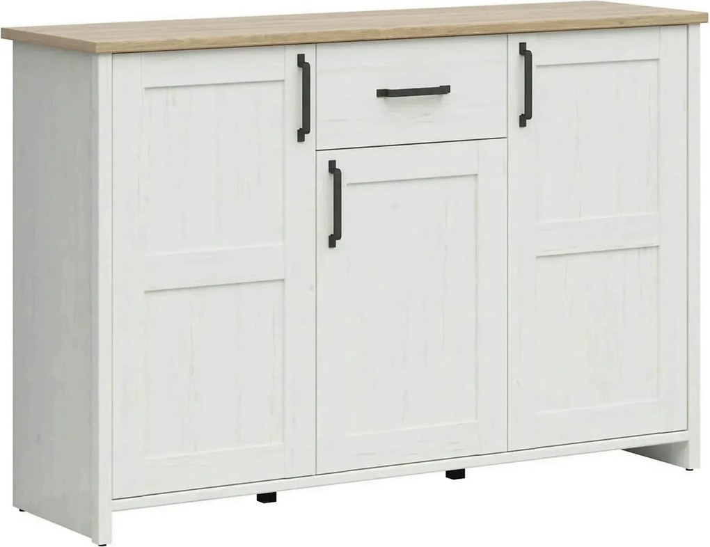 Comoda LOKSA, pin alb/stejar grandson, PAL laminat, 148x43x99 cm