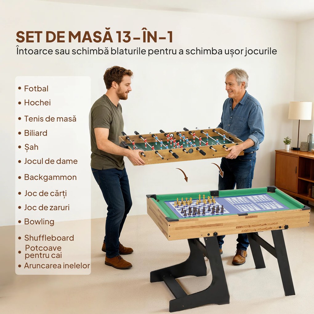 SPORTNOW Masă de Jocuri 13 în 1 Pliabilă cu Fotbal de Masă, Ping Pong, Hockey, Biliard, Șah și Altele, Nuc | Aosom Romania
