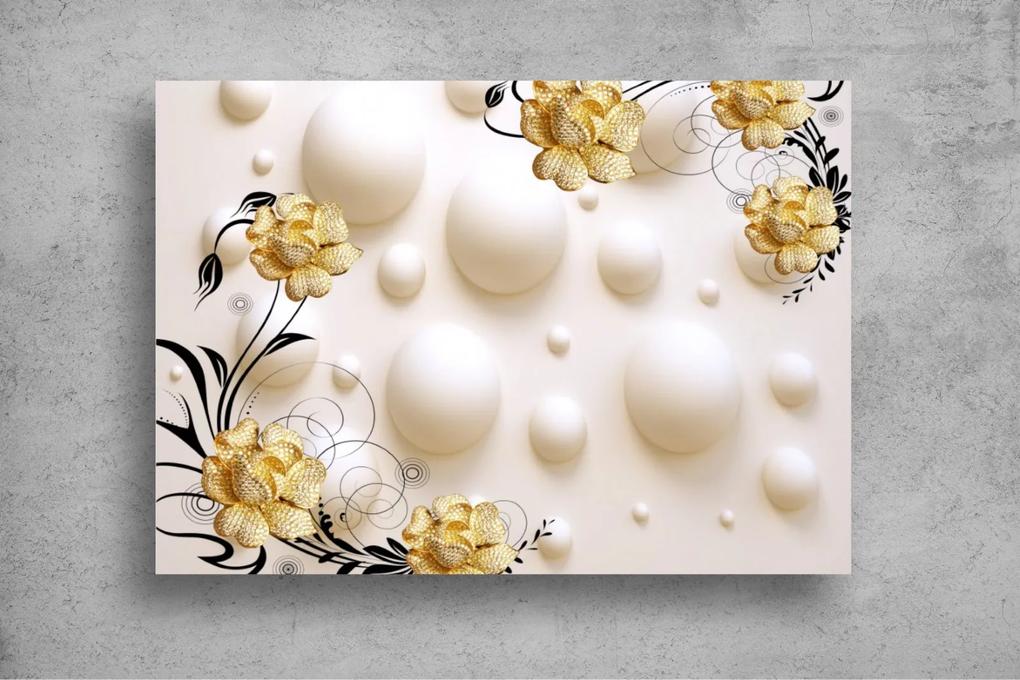 Tapet Premium Canvas - Florile galbene cu perle si sfere in fundal 3d abstract