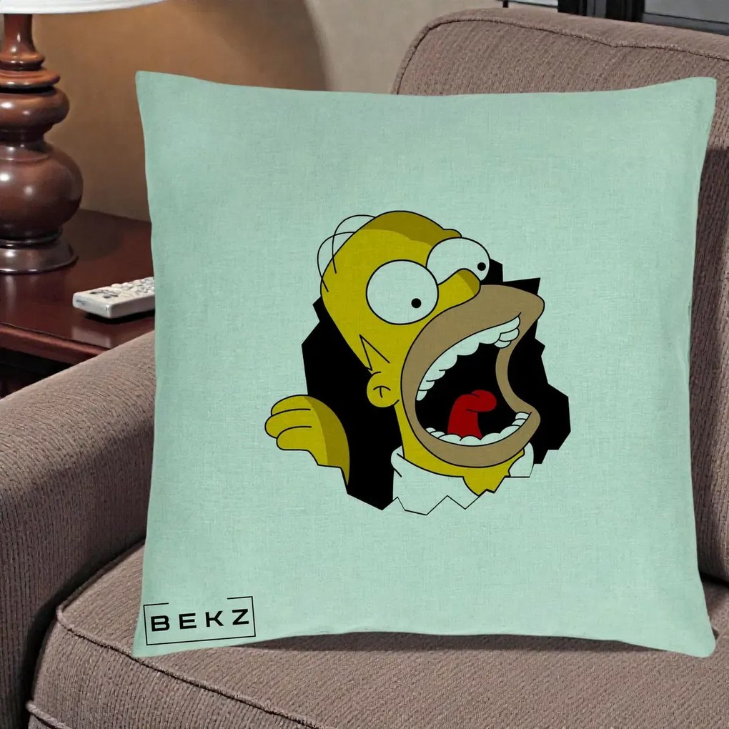 Perna Personalizata Homer Simpson Surpriza, 40x40 cm, Verde Menta, Husa Detasabila, Perna Inclusa, BEKZ®