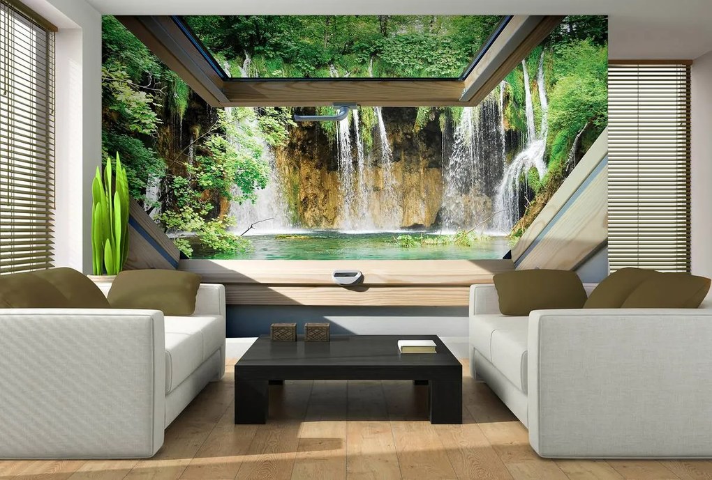 Fototapet - Privire spre geam cu cascade (152,5x104 cm)