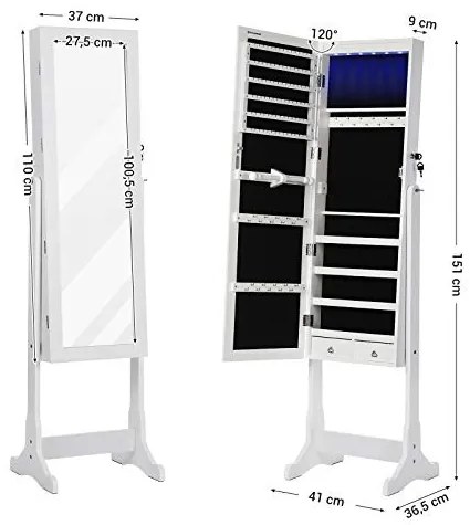 Dulap bijurerii cu oglinda, Songmics, Alb, 150.5x41x36 cm