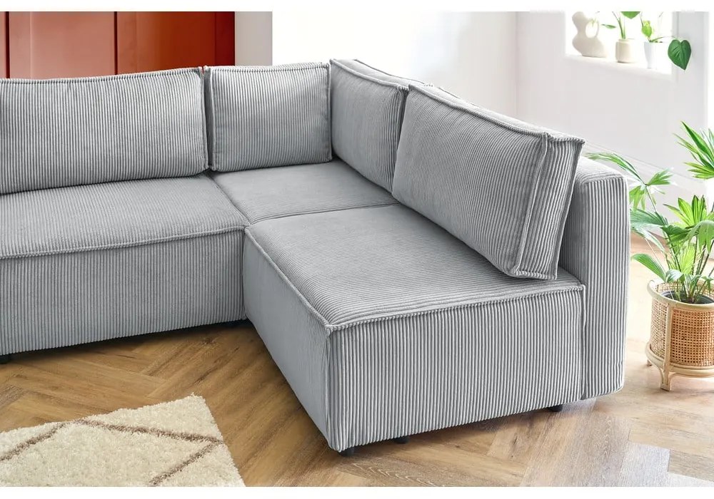 Colțar gri deschis cu tapițerie din catifea reiată (cu colț pe partea dreaptă/în formă de "U") Nihad modular – Bobochic Paris