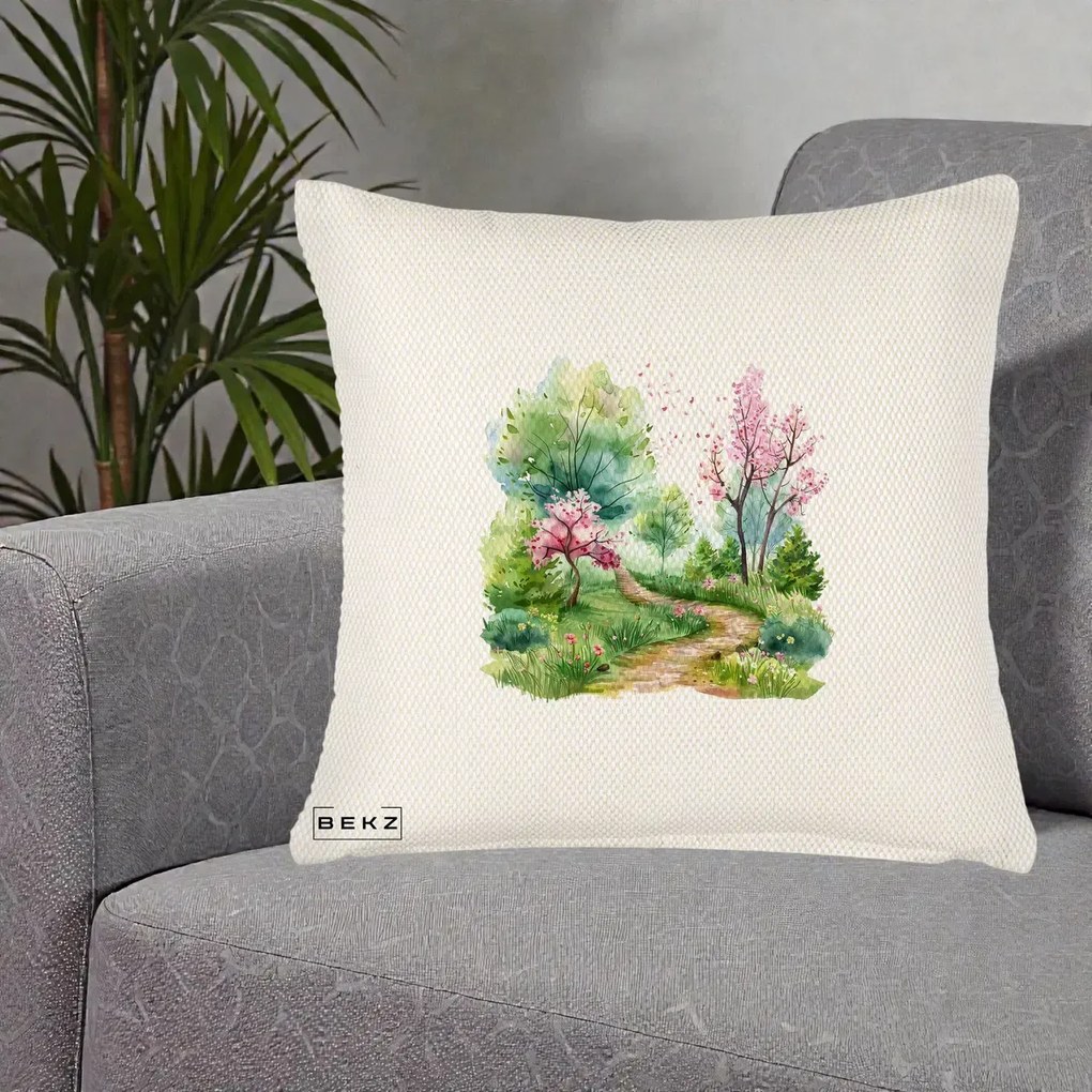 Perna Decorativa Gradina Primavara Acuarela, 40x40 cm, Crem Reliefat, Husa Detasabila, Perna Inclusa, BEKZ®