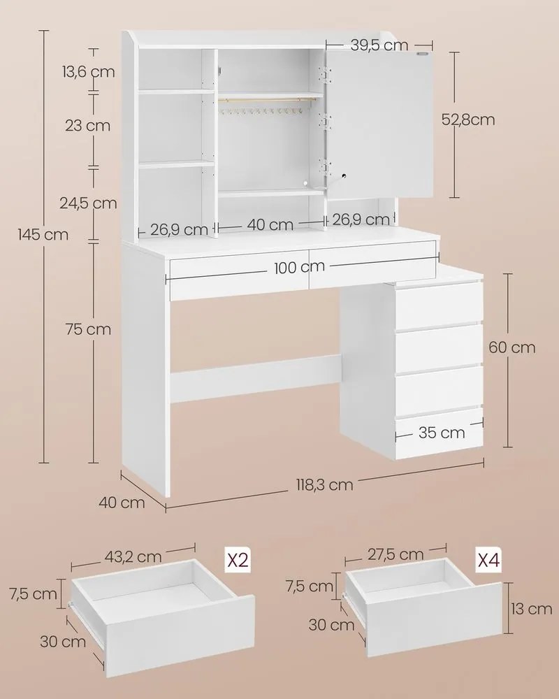 SEA95 - Set Masa toaleta, 97 / 118 cm, cosmetica, masuta machiaj, oglinda cu LED, cu sau fara scaun - Alb