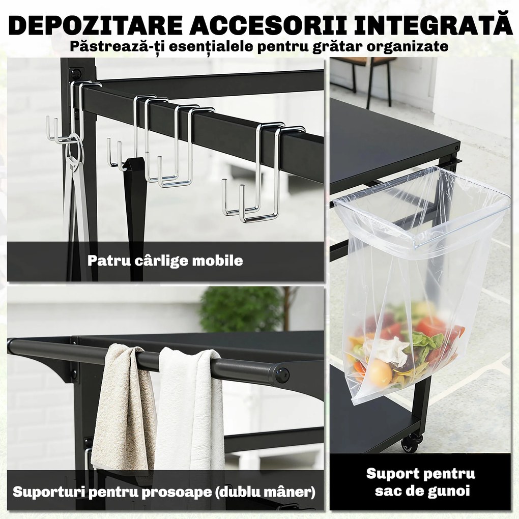 Outsunny Cărucior pentru grătar, 2 rafturi, suport pentru pizza, suport pentru saci și cârlige, Negru. | Aosom Romania