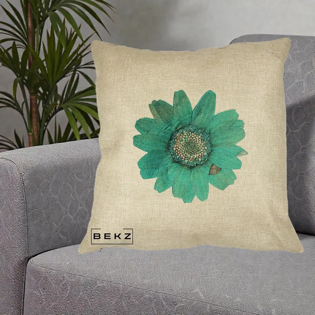 Perna Decorativa Floare Gerbera Teal Acuarela, 40x40 cm, Crem, Husa Detasabila, Perna Inclusa, BEKZ®