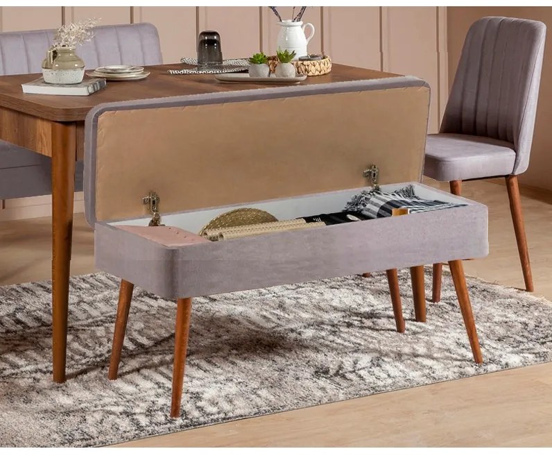 Masă de sufragerie extensibilă cu 2 scaune și 2 bănci Vlasta (nuc + gri). 1073081