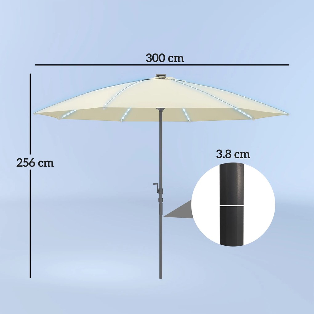 Outsunny Umbrelă Terasă Exterioară cu Lumini LED Protecție UV50+ Stâlp din Aluminiu Manivelă Acoperiș Ventilat Ø300x256 cm Crem | Aosom Romania