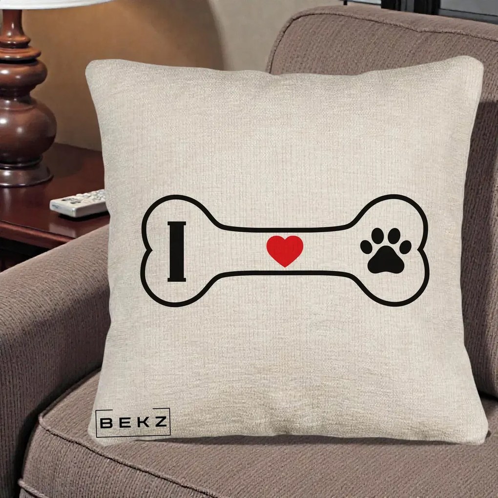 Perna Personalizata I Love Dog Os si Labuta, 40x40 cm, Bej Canapea, Husa Detasabila, Perna Inclusa, BEKZ®