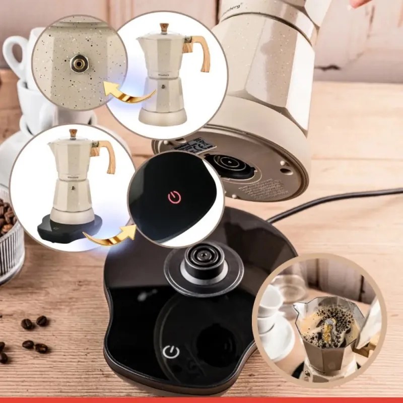 Cafetiera moka electrica Klausberg KB 7999, 500 W, 6 cesti, Element de incalzire incorporat, Supapa de siguranta, Bej