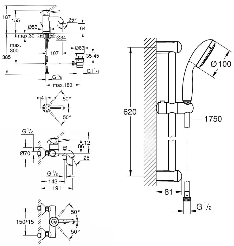 Set complet baterii baie 3 in1 Grohe Classic marimea S (23782000 ,23787000,27853003 )
