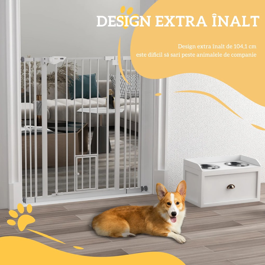 PawHut Poartă Reglabilă pentru Câini Înaltă cu Ușă Mică și Închidere Automată, 74-101x104cm, Alb | Aosom Romania