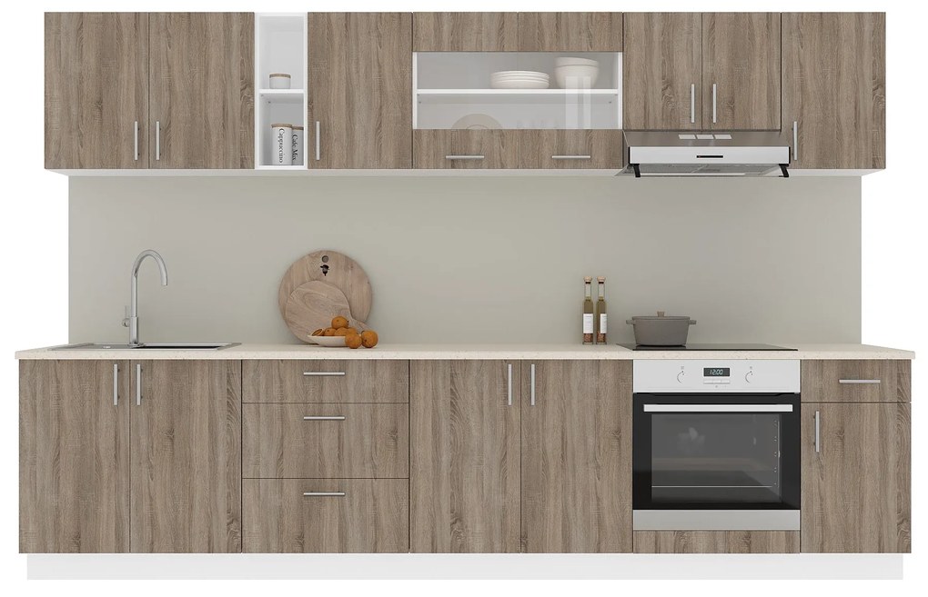 Set Bucatarie Karo V28, Stejar Sonoma Inchis/Alb, Blat Thermo 28 mm, L 320 cm
