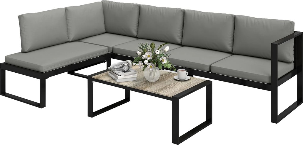 Outsunny Set Mobilier de Grădină Exterior Colțar 5 Persoane cu 2 Canapele, Scaun Fără Cotiere, Masă de Cafea, Gri Închis | Aosom Romania