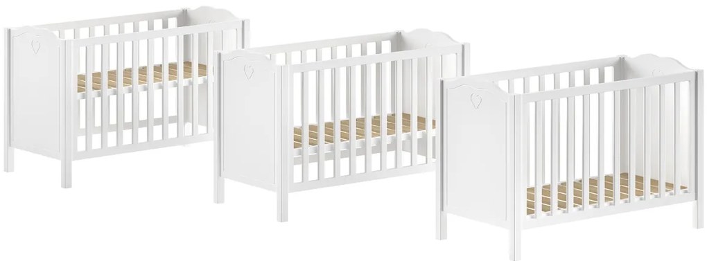 Pătuț Bebeluși AMORI, 60x120 cm, Alb (Pin Masiv și MDF), Design Romantic – Vipack
