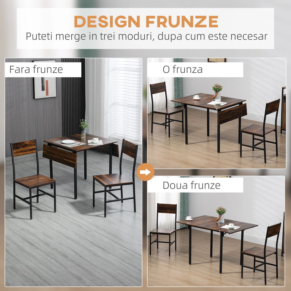 Set de 3 piese HOMCOM, masa cu extensie plianta, 2 scaune | Aosom RO
