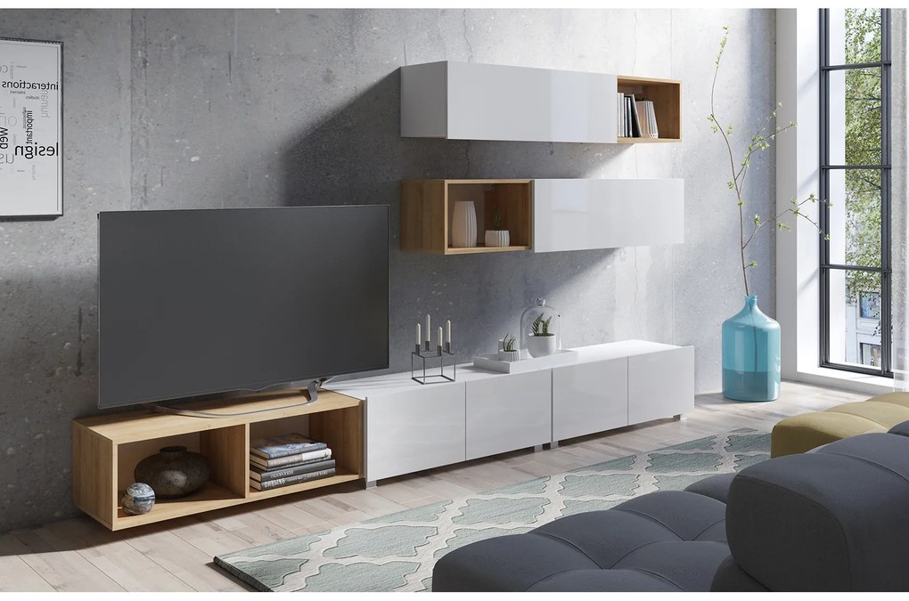 Mobilier living Calabria C25 WHITE (Alb lesklá + Stejar zlatý) (bez osvetlenia). 1051560