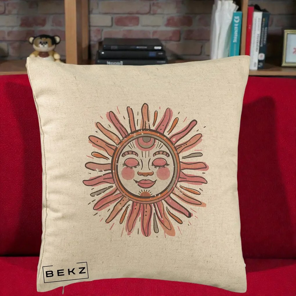 Perna Decorativa Soare Roz Tribal, 40x40 cm, Bej, Husa Detasabila, Perna Inclusa, BEKZ®