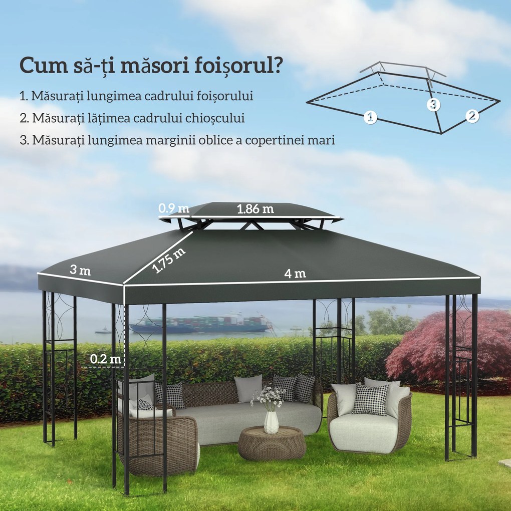 Outsunny Prelata pentru Foisor 4x3 m cu 2 Niveluri, Acoperis pentru Foisor din Poliester Anti UV cu Chingi din Velcro si 10 Orificii de Drenaj, Gri
