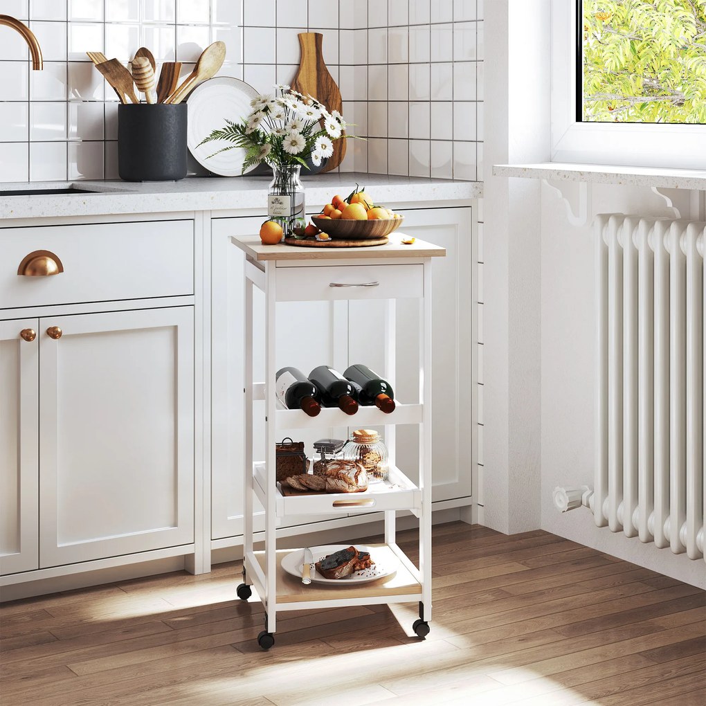 HOMCOM Serviciu de servire dulap de bucătărie cu rotile 2 rafturi, tavă detașabilă, sertar lemn de pin alb stejar luminos | Aosom Romania
