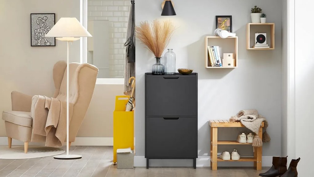 PANN1 - Pantofar 50 cm foarte ingust, 2 compartimente, pantofare, depozitare pantofi, mobilier hol - Negru