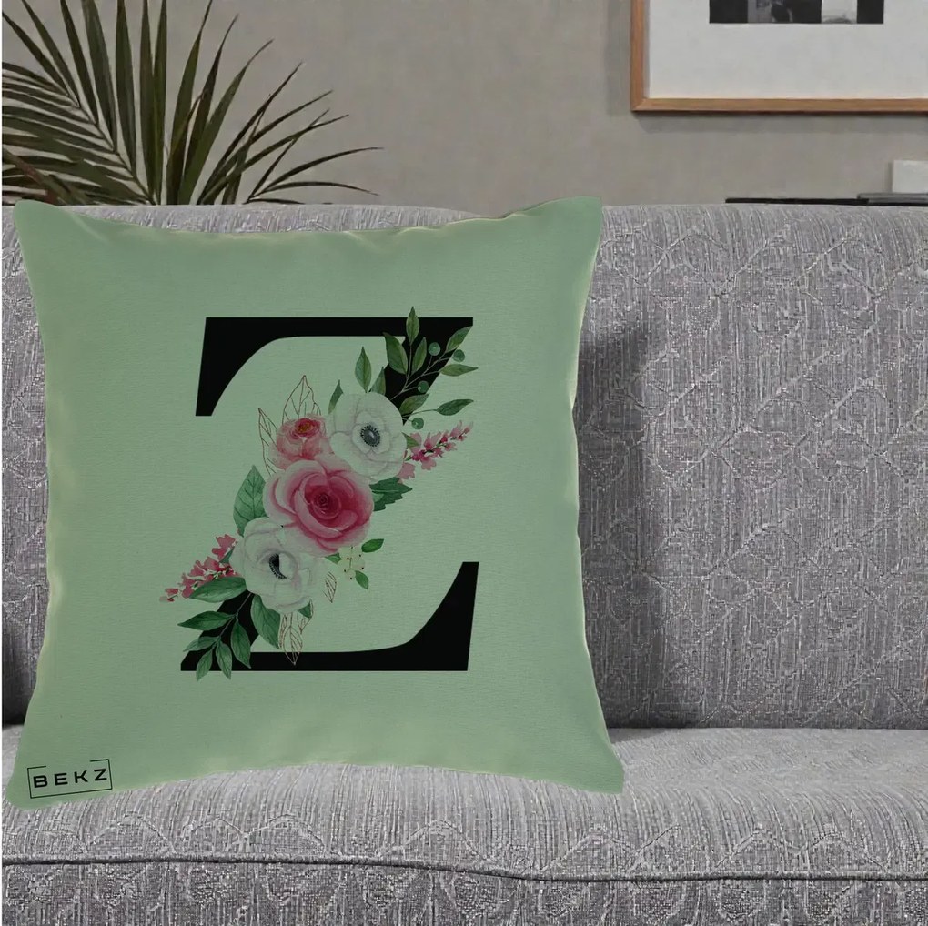 Cadou Personalizat - Perna Personalizata Monograma Florala Litera Z cu Buchet, 40x40 cm, Verde, Husa Detasabila, Perna Inclusa, BEKZ®