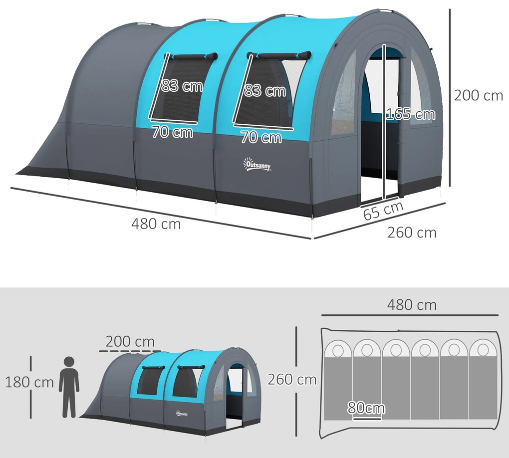 Outsunny Cort de Camping Impermeabil, Cort cu 5 Locuri, Zonă Separată de Dormit și Living, 480x260x200 cm, Gri și Albastru | Aosom Romania