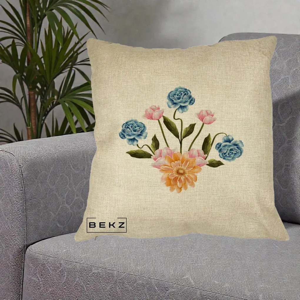 Perna Decorativa Buchet Primavara Acuarela, 40x40 cm, Crem, Husa Detasabila, Perna Inclusa, BEKZ®