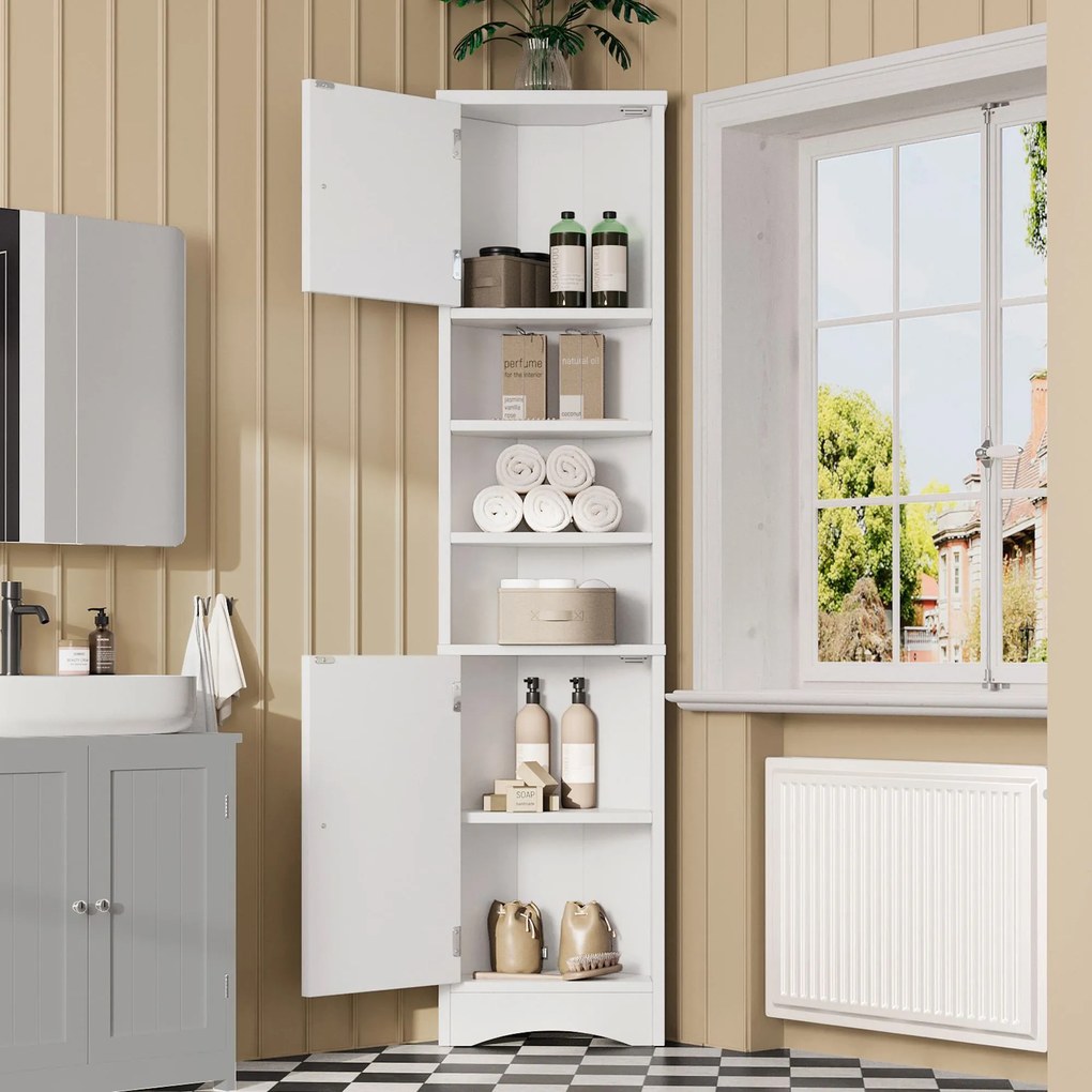 Dulap de baie triunghiular, cu rafturi reglabile și uși duble, 37x24,5x170 cm, Alb