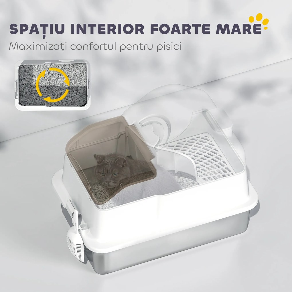 PawHut Litteră Închisă pentru Pisici cu 2 Covorașe și Mâner, Alb și Argintiu | Aosom Romania