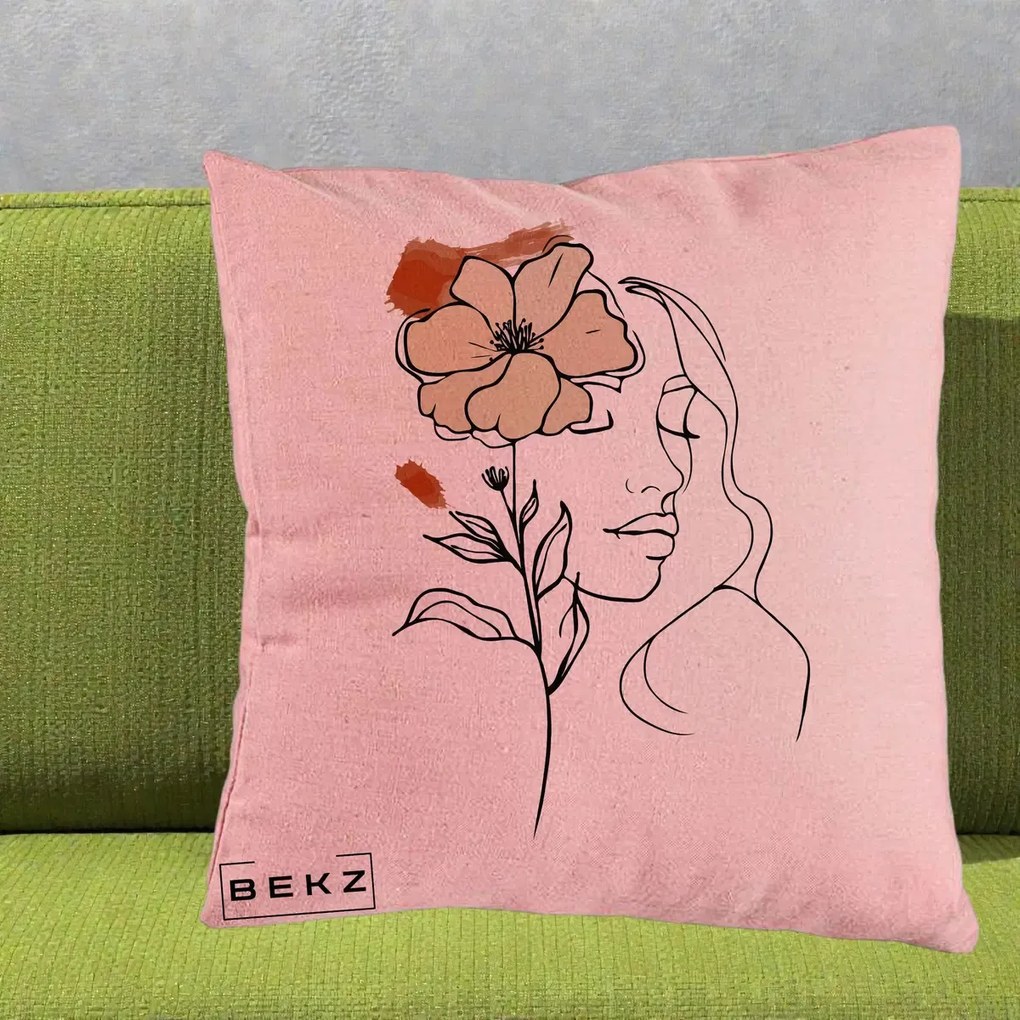 Perna Decorativa Portret Feminin Floare Bej Terracotta, 40x40 cm, Roz, Husa Detasabila, Perna Inclusa, BEKZ®