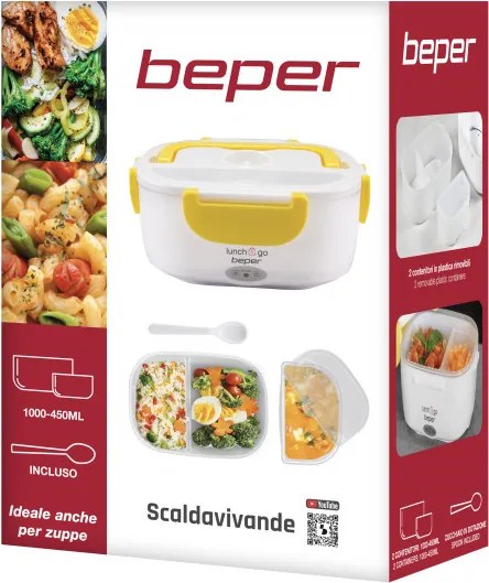 Cutie electrica pentru pranz Beper 90.920G, 40 W, 1 litru, Pana la 60°C, 2 compartimente detasabile, Indicator luminos, Alb/Galben